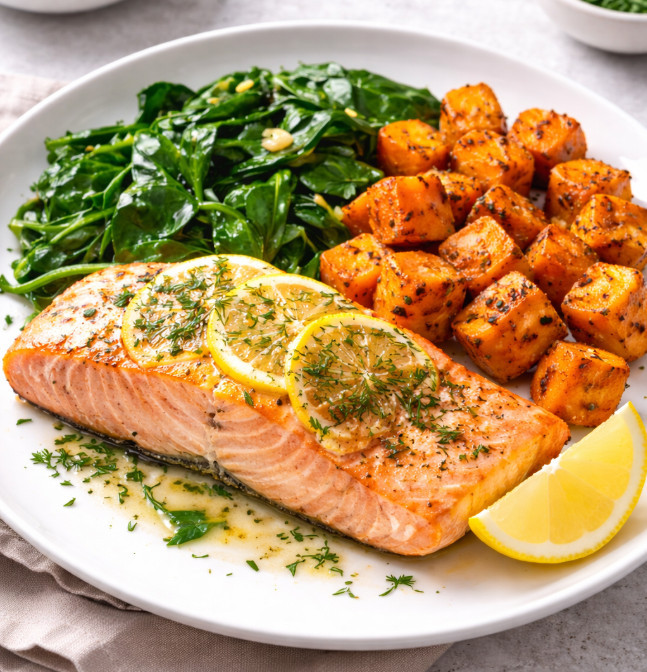 Zalm uit de oven met spinazie en zoete aardappel
